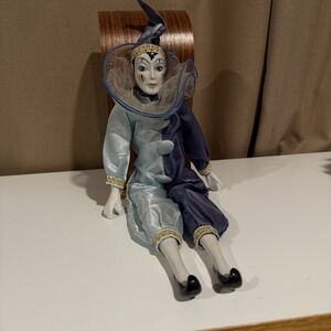 Vintage Silvestri Porcelain Harlequin Jester Doll Blue Navy Satin Pierrot Clown